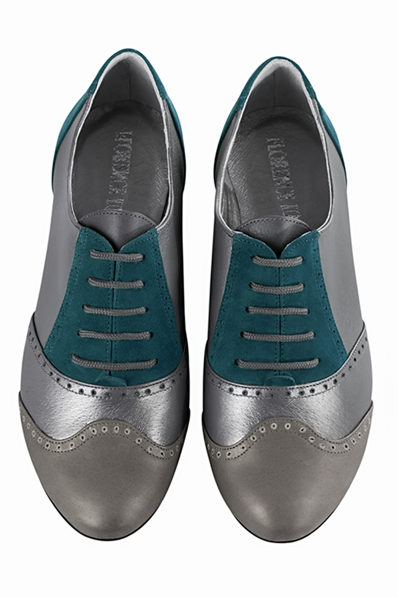 Ash grey and peacock blue women's fashion lace-up shoes. Round toe. Flat leather soles. Top view - Florence KOOIJMAN
